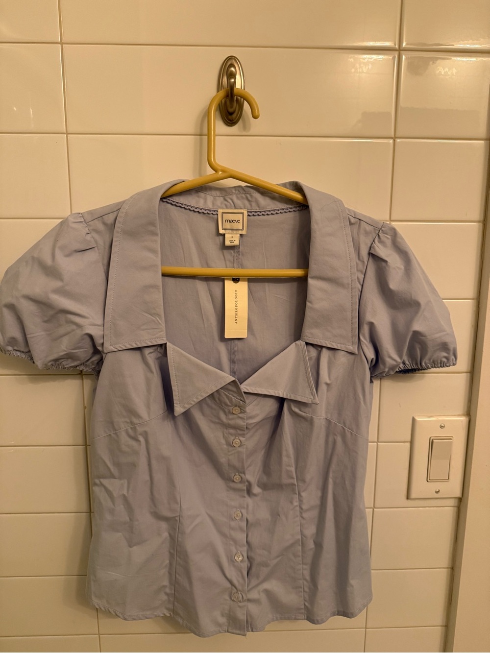 Maeve Blue Puff Sleeve Button-Up Top